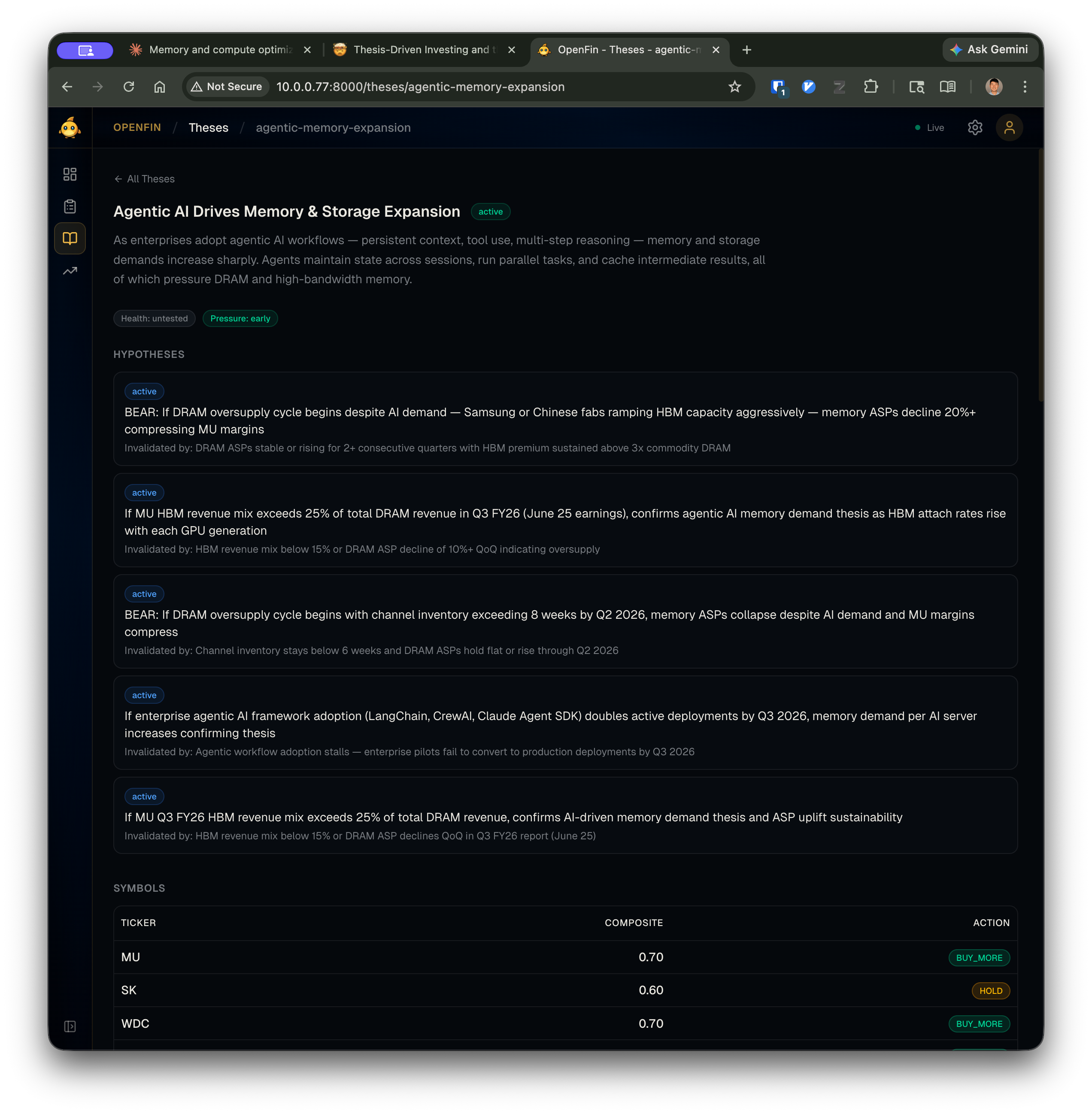 OpenFin thesis detail view showing the "Agentic AI Drives Memory & Storage Expansion" thesis with health/pressure badges, five active hypotheses (including bear-case DRAM oversupply scenarios), and symbol scores for MU, SK, and WDC