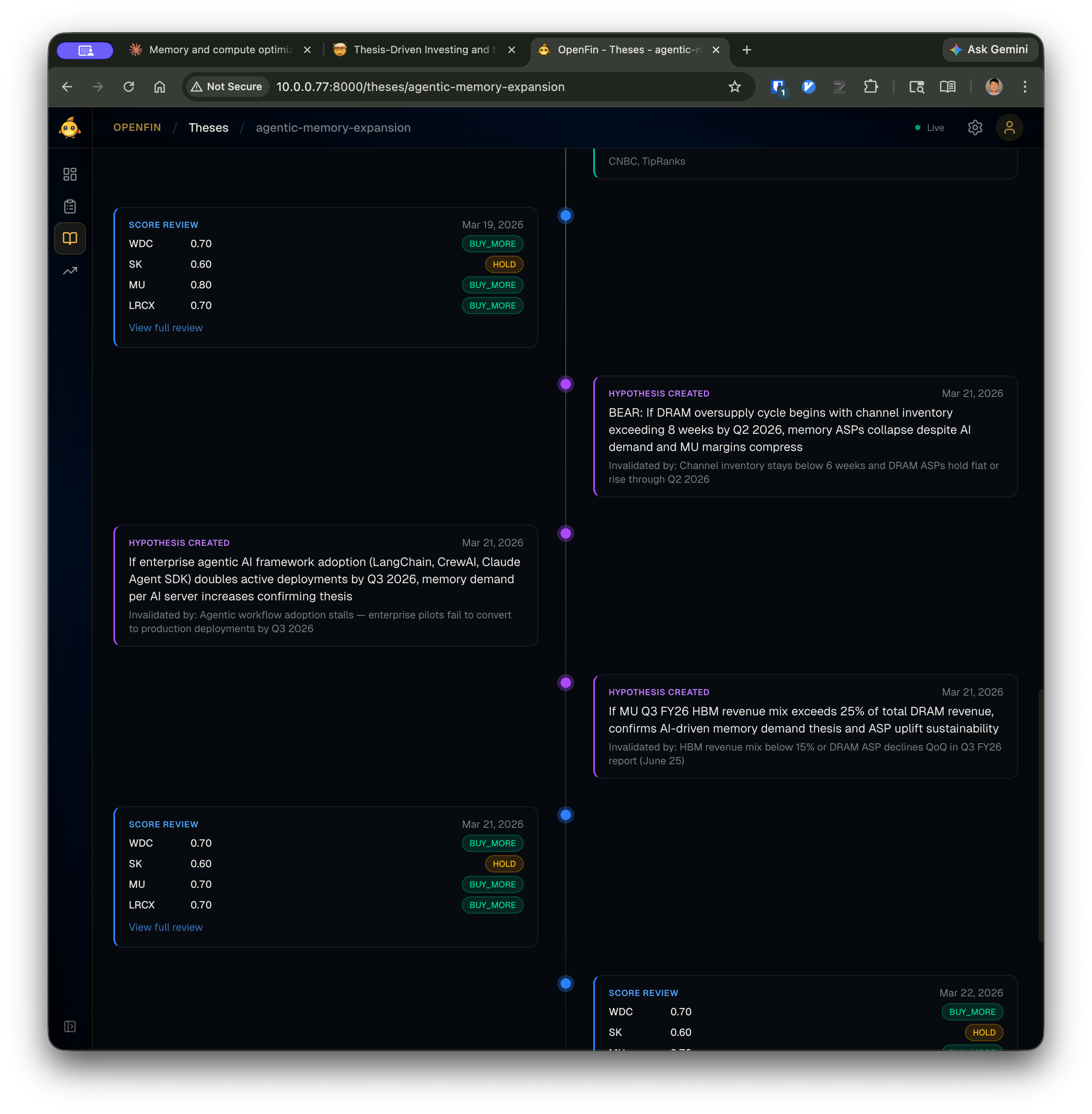 OpenFin thesis timeline showing score reviews and hypothesis creation events across multiple dates, with composite scores and BUY_MORE/HOLD actions for each symbol